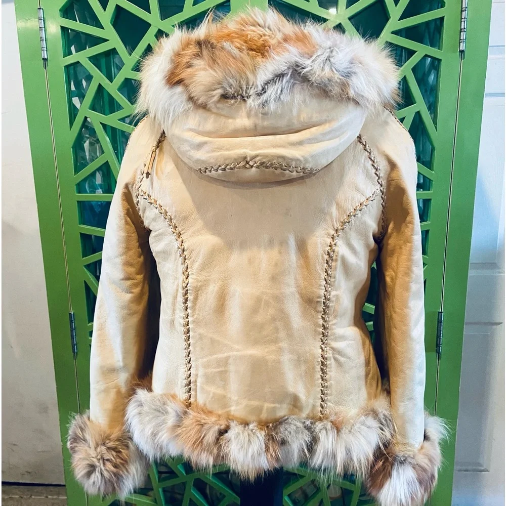 Fancy Hides for North Beach Leathers Hooded Fur Lined & Trimmed Leather Jacket